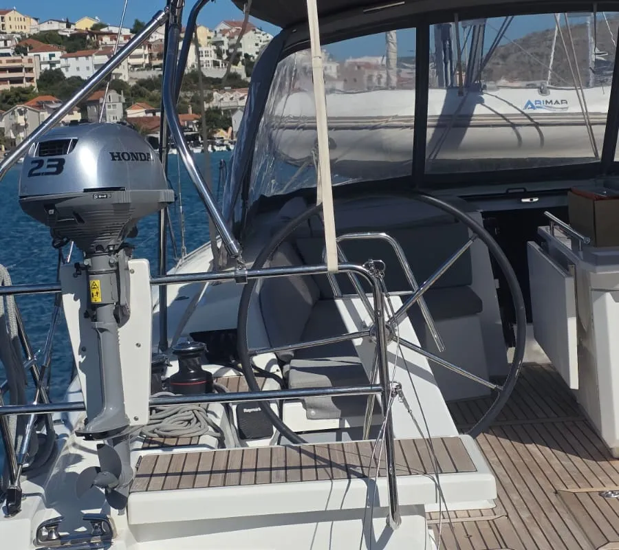 Cockpit of Anse Soleil, a Beneteau Oceanis 46.1 sailboat at Općina Rogoznica, Croatia