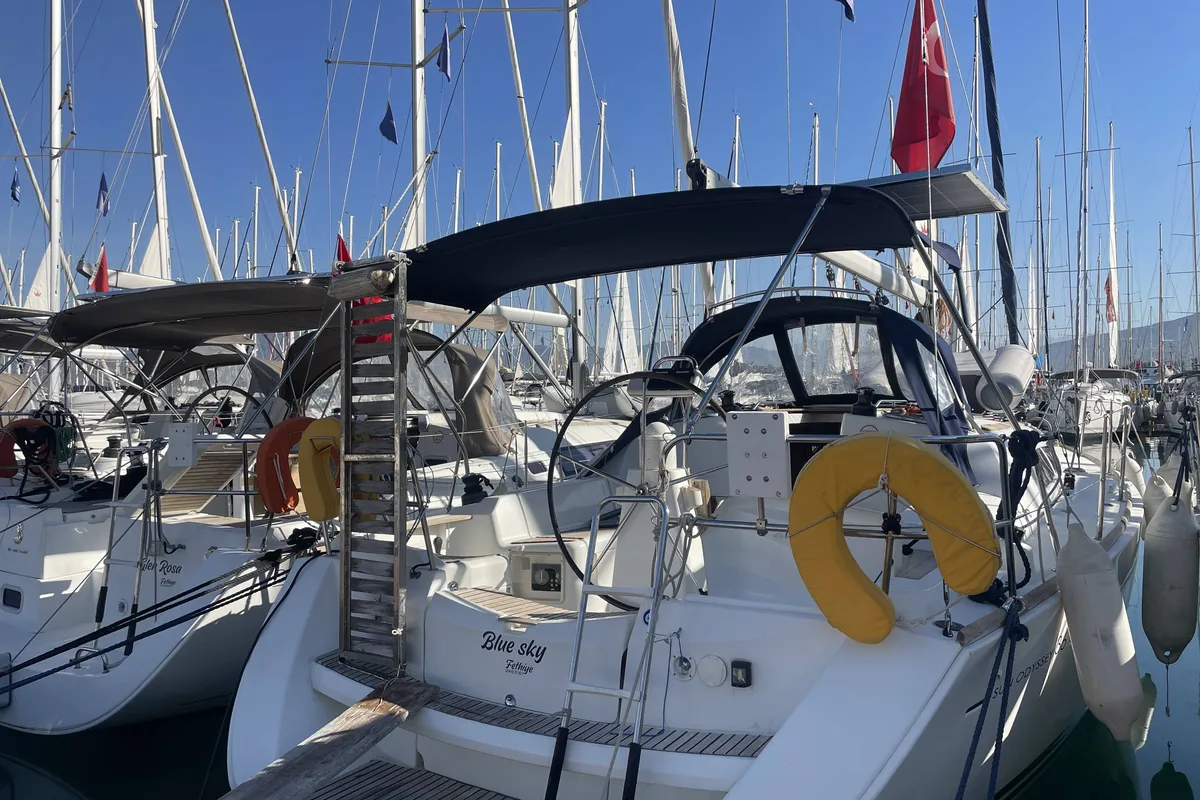 Exterior view of Blue Sky, a Jeanneau Sun Odyssey 36i sailboat at Fethiye, Turkey