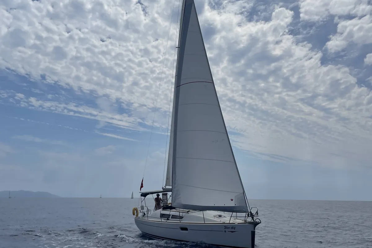 Exterior view of Blue Sky, a Jeanneau Sun Odyssey 36i sailboat at Fethiye, Turkey