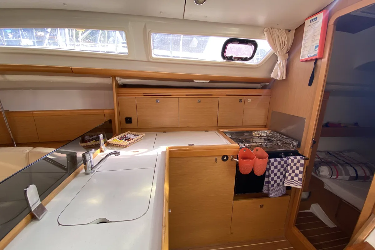 Galley of Blue Sky, a Jeanneau Sun Odyssey 36i sailboat at Fethiye, Turkey