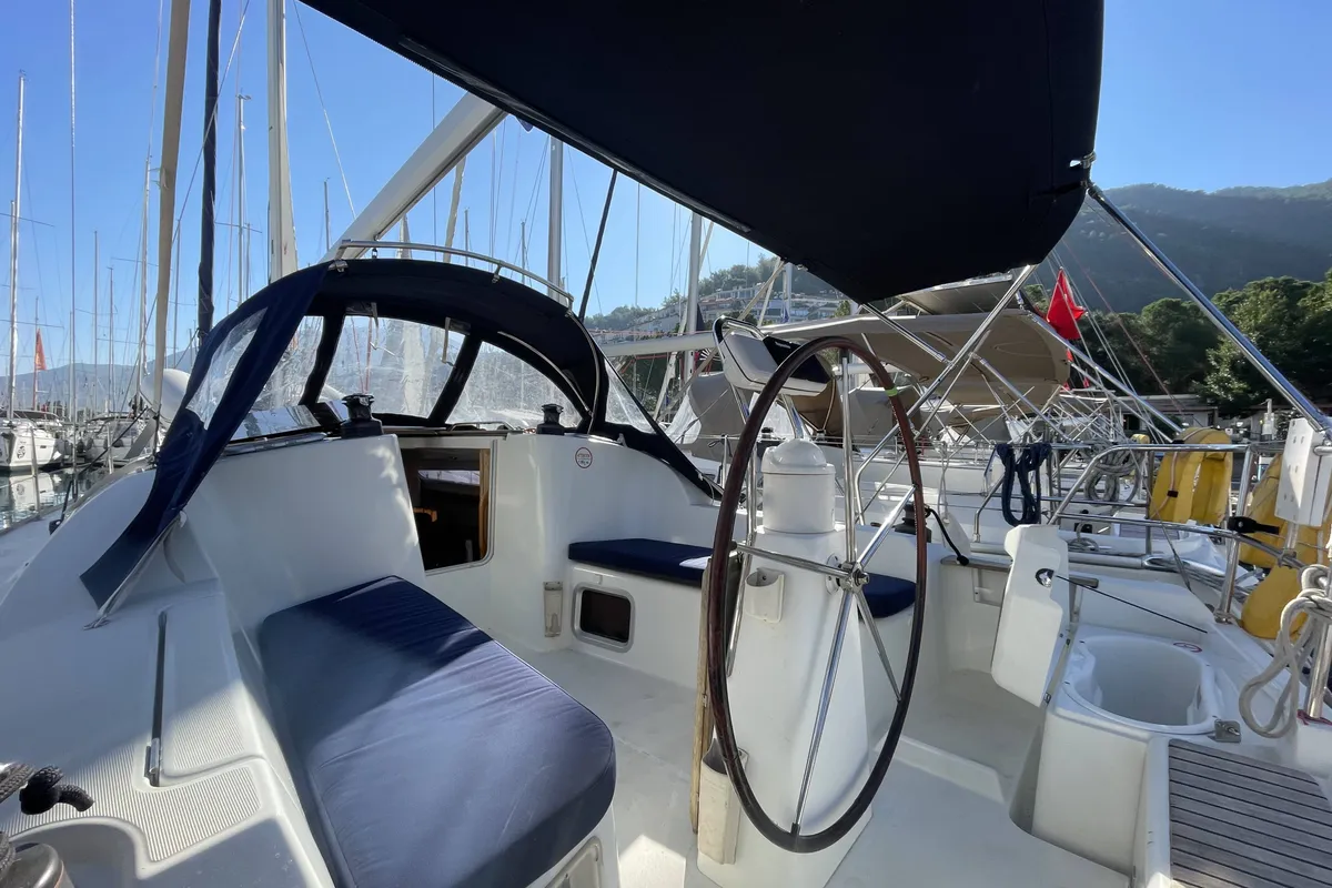 Cockpit of Blue Sky, a Jeanneau Sun Odyssey 36i sailboat at Fethiye, Turkey