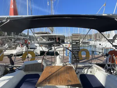 Cockpit of Blue Sky, a Jeanneau Sun Odyssey 36i sailboat at Fethiye, Turkey