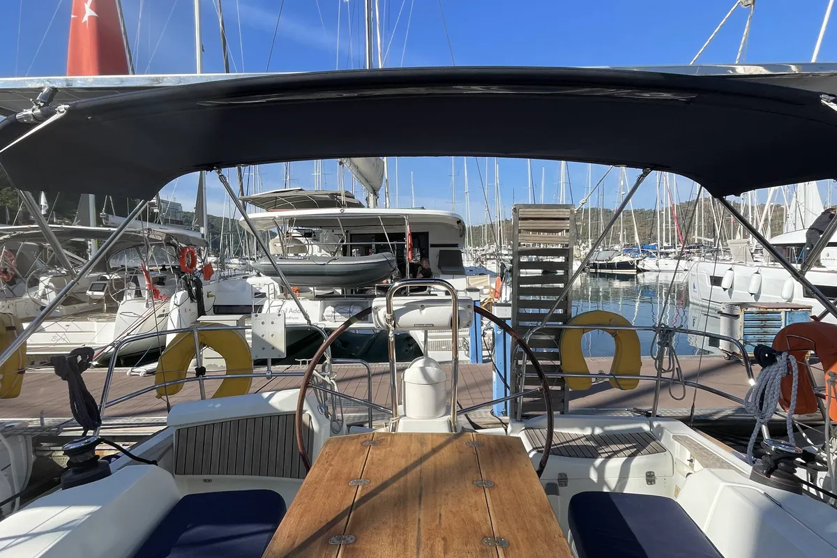 Cockpit of Blue Sky, a Jeanneau Sun Odyssey 36i sailboat at Fethiye, Turkey