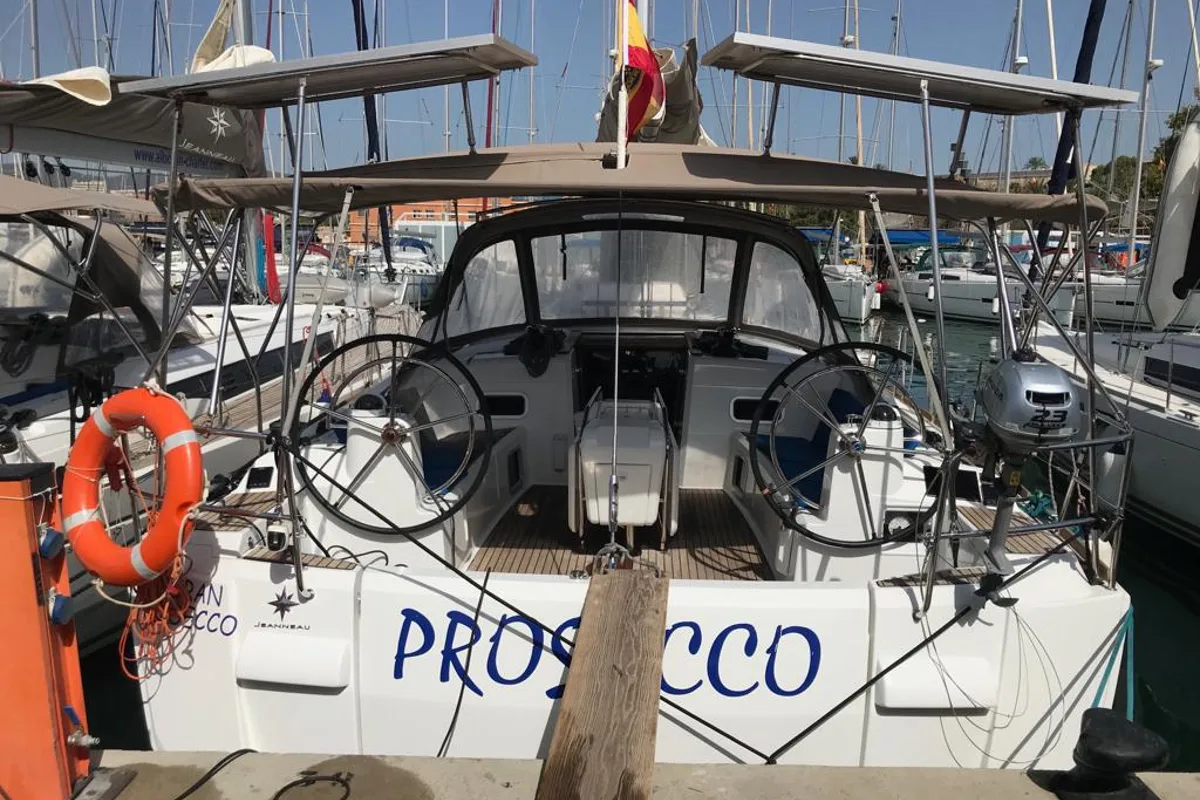 Cockpit of Jeanneau Sun Odyssey 519, a sailboat at Horta, Portugal