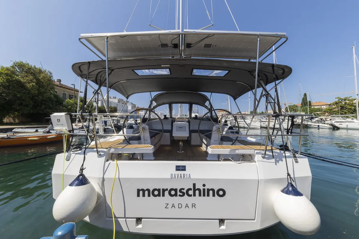 Exterior view of Maraschino, a Bavaria C42 sailboat at Zadar, Croatia