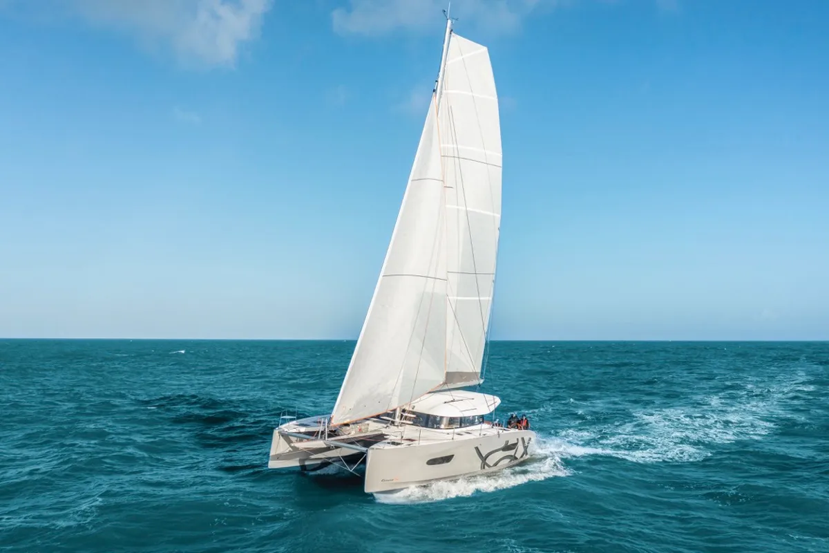 Exterior view of Elyvian Dream, a Excess 14 catamaran at Brindisi, Italy