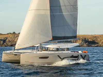 Exterior view of Elyvian Dream, a Excess 14 catamaran at Brindisi, Italy