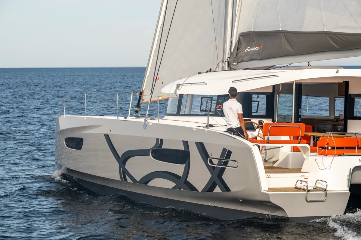 Exterior view of Elyvian Dream, a Excess 14 catamaran at Brindisi, Italy