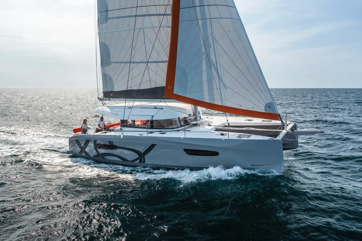 Exterior view of Elyvian Dream, a Excess 14 catamaran at Brindisi, Italy
