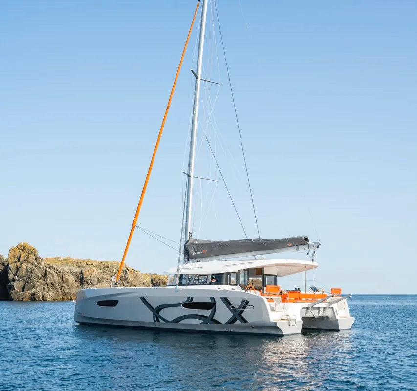 Exterior view of Elyvian Dream, a Excess 14 catamaran at Brindisi, Italy