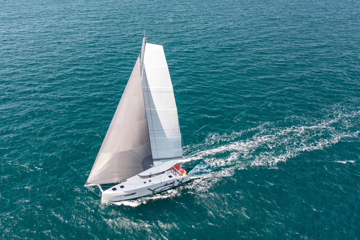 Exterior view of Elyvian Dream, a Excess 14 catamaran at Brindisi, Italy
