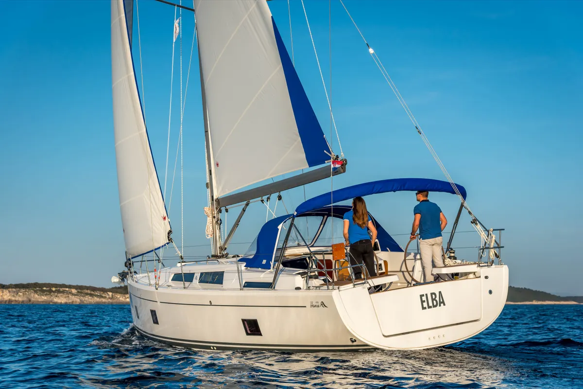 Exterior view of Elba, a Hanse 418 sailboat at Medulin, Croatia