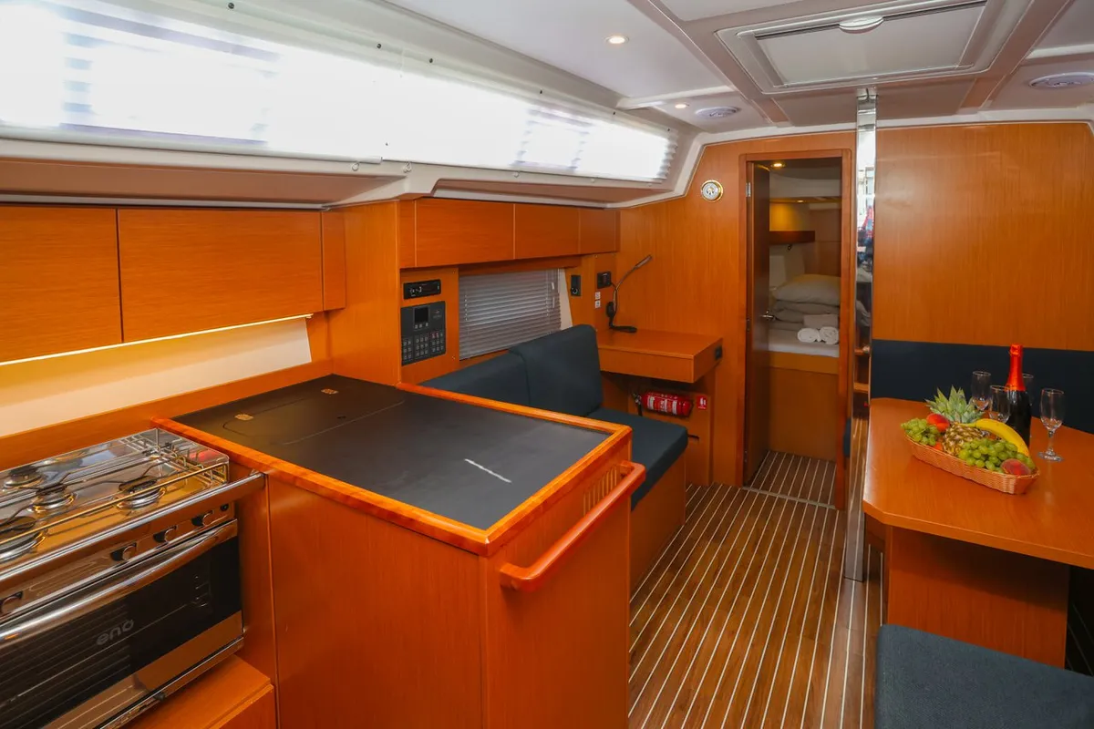 Galley of Pomena, a Bavaria C38 sailboat at Grad Kaštela, Croatia