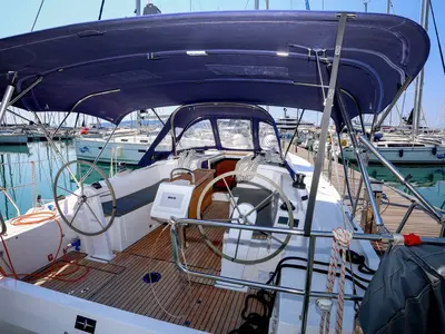 Cockpit of Pomena, a Bavaria C38 sailboat at Grad Kaštela, Croatia