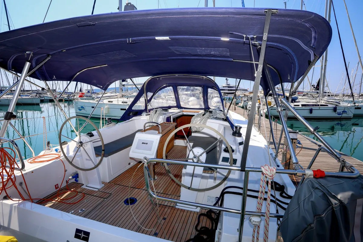 Cockpit of Pomena, a Bavaria C38 sailboat at Grad Kaštela, Croatia