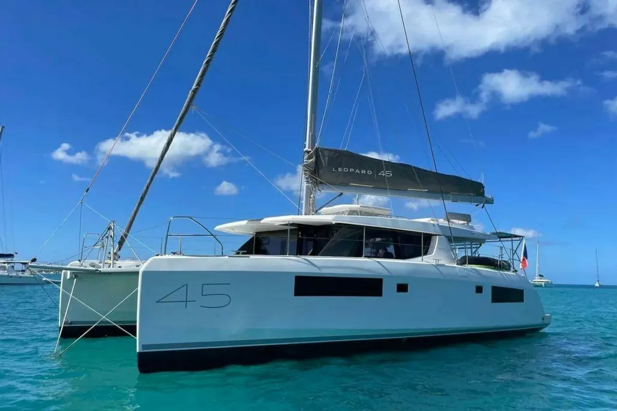 Exterior view of Oryx, a Leopard 45 catamaran at Road Town, British Virgin Islands
