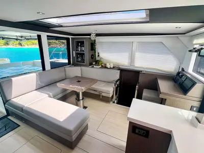 Salon of Oryx, a Leopard 45 catamaran at Road Town, British Virgin Islands