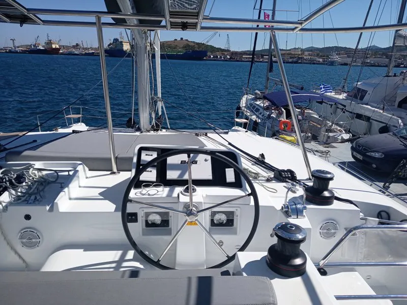 Cockpit of Golden Dream, a Lagoon 450 F catamaran at Lavreotiki Municipal Unit, Greece