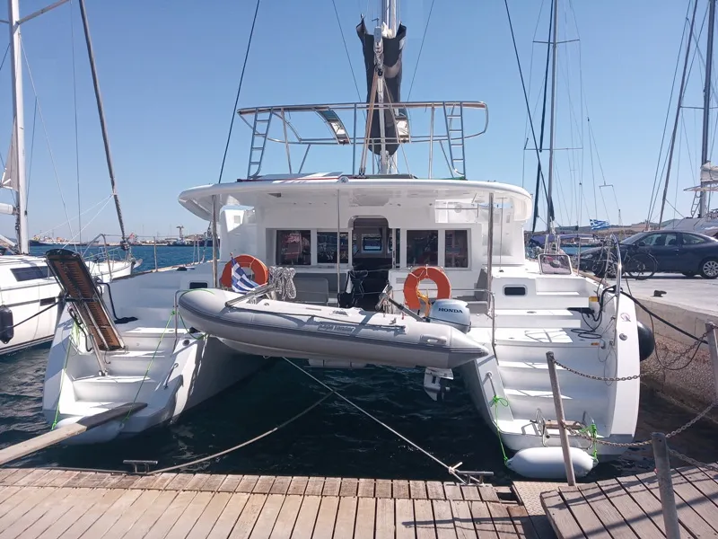 Exterior view of Golden Dream, a Lagoon 450 F catamaran at Lavreotiki Municipal Unit, Greece