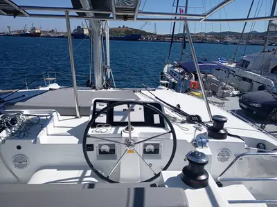 Cockpit of Golden Dream, a Lagoon 450 F catamaran at Lavreotiki Municipal Unit, Greece