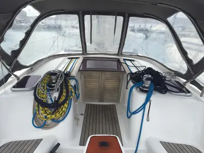 Deck of Meissa, a Beneteau Oceanis 46 sailboat at Rosignano Solvay, Italy