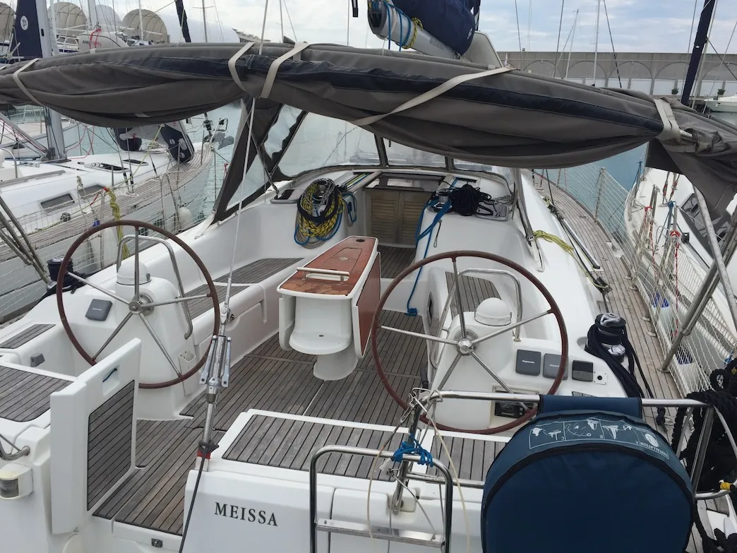 Cockpit of Meissa, a Beneteau Oceanis 46 sailboat at Rosignano Solvay, Italy