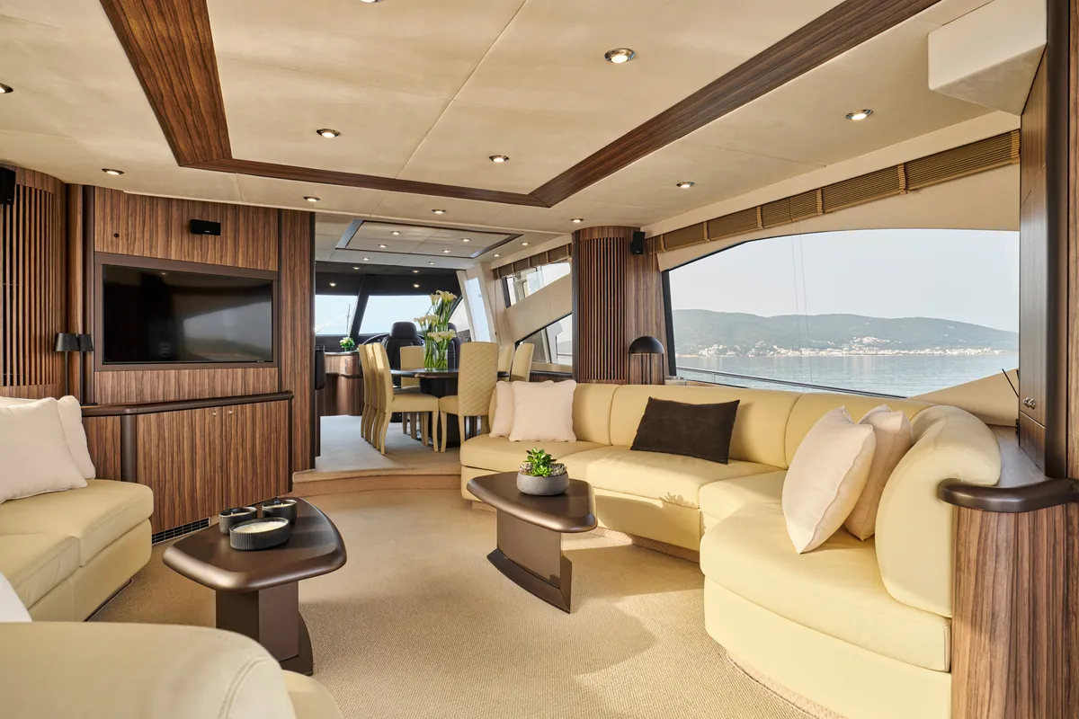 Salon of M FIVE, a Sunseeker 75 motor yacht at Athens, Greece
