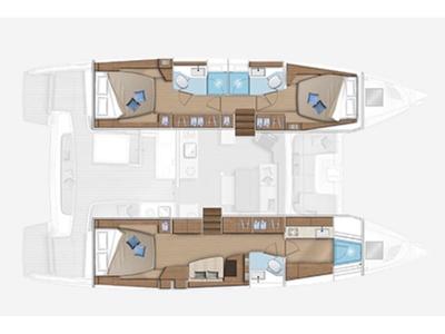 Floor plan of Dedalo, a Lagoon 46 catamaran at Procida, Italy