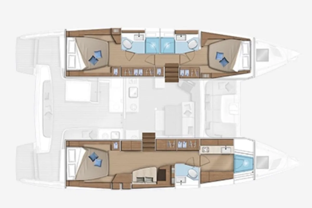 Floor plan of Dedalo, a Lagoon 46 catamaran at Procida, Italy
