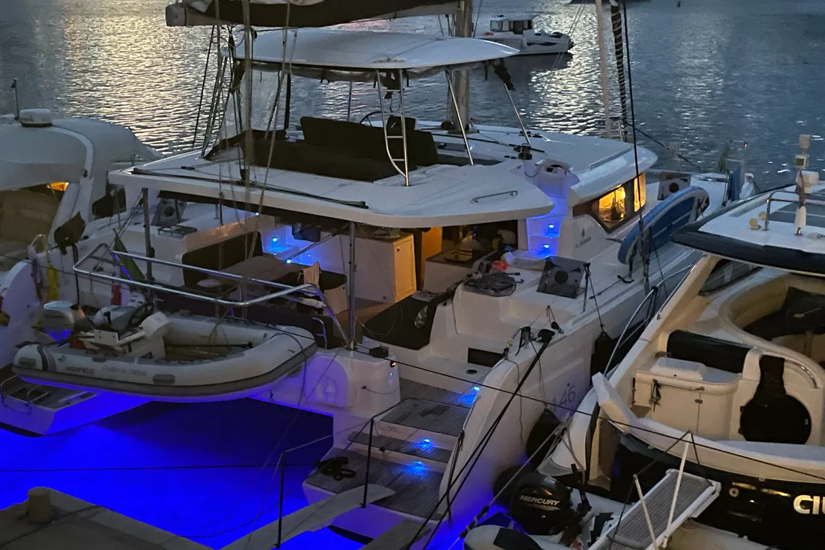 Exterior view of Dedalo, a Lagoon 46 catamaran at Procida, Italy