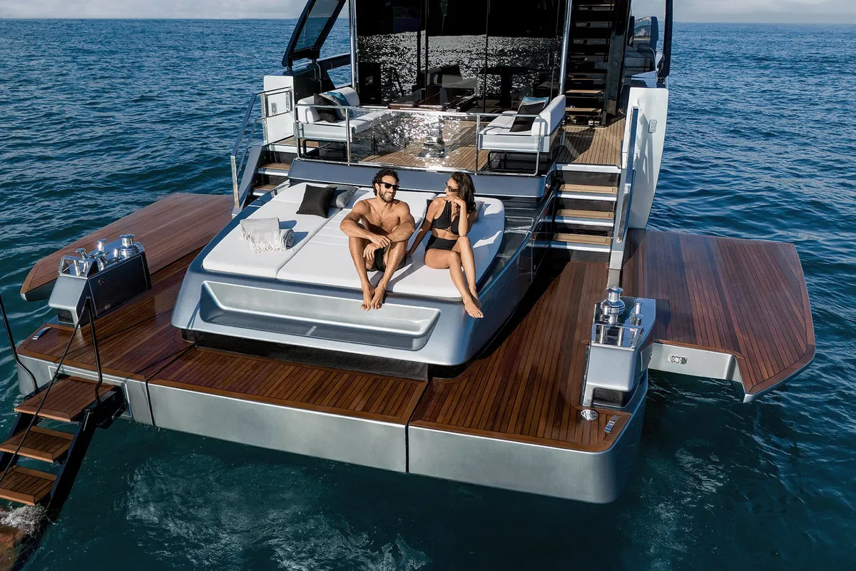 Exterior view of Riva 82 Diva, a motor yacht at Dubai Harbour, United Arab Emirates