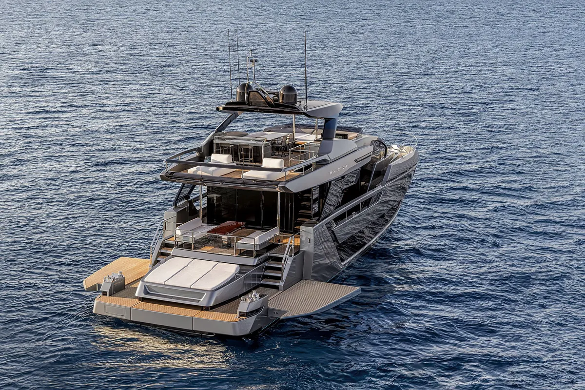 Exterior view of Riva 82 Diva, a motor yacht at Dubai Harbour, United Arab Emirates