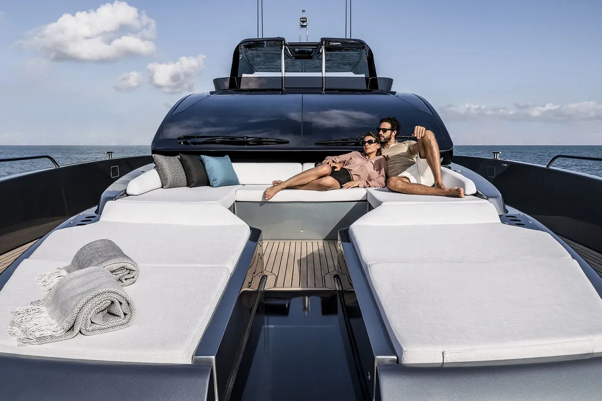Deck of Riva 82 Diva, a motor yacht at Dubai Harbour, United Arab Emirates