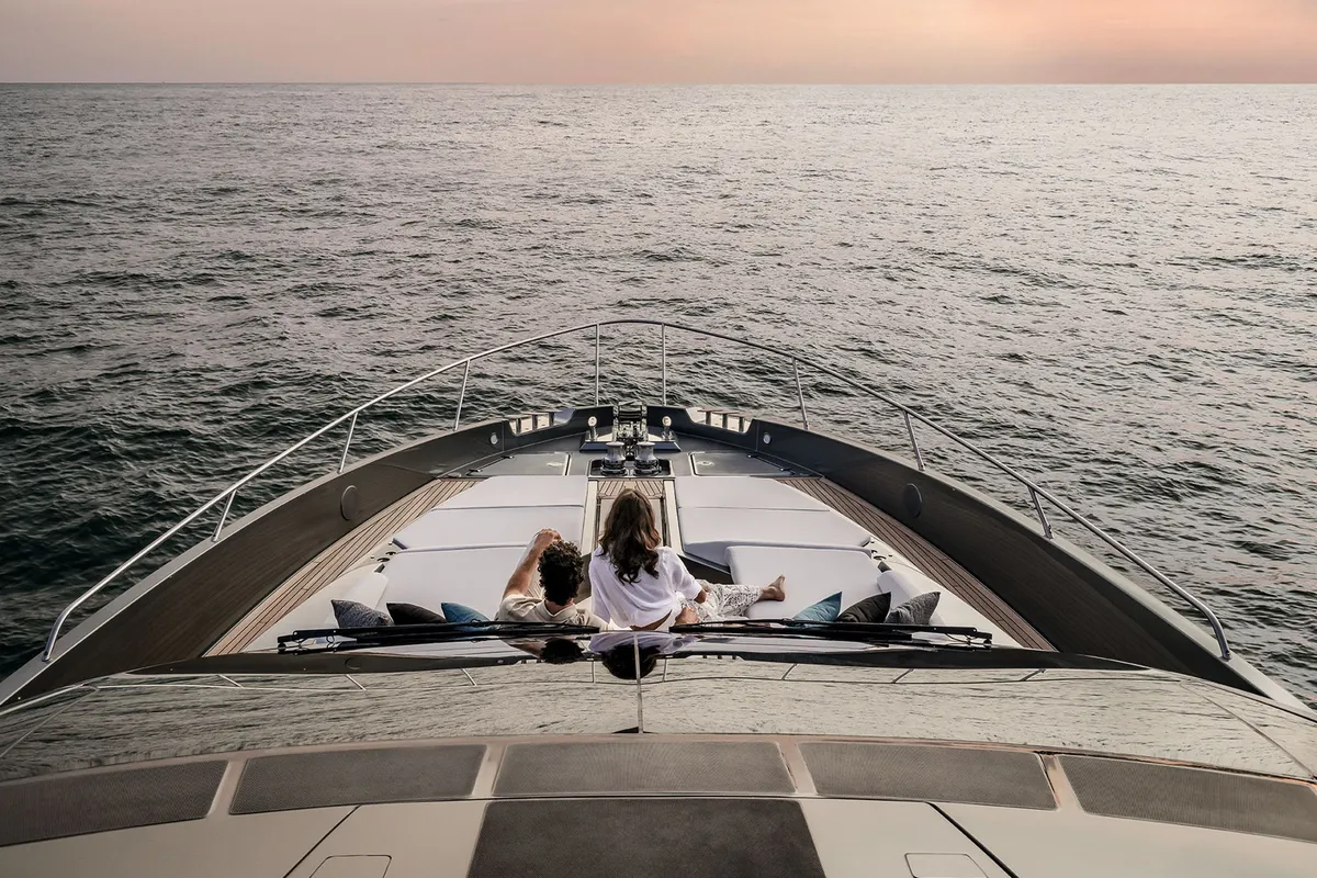 Deck of Riva 82 Diva, a motor yacht at Dubai Harbour, United Arab Emirates