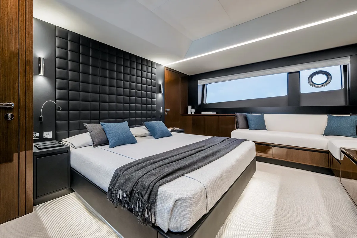Cabin on Riva 82 Diva, a motor yacht at Dubai Harbour, United Arab Emirates