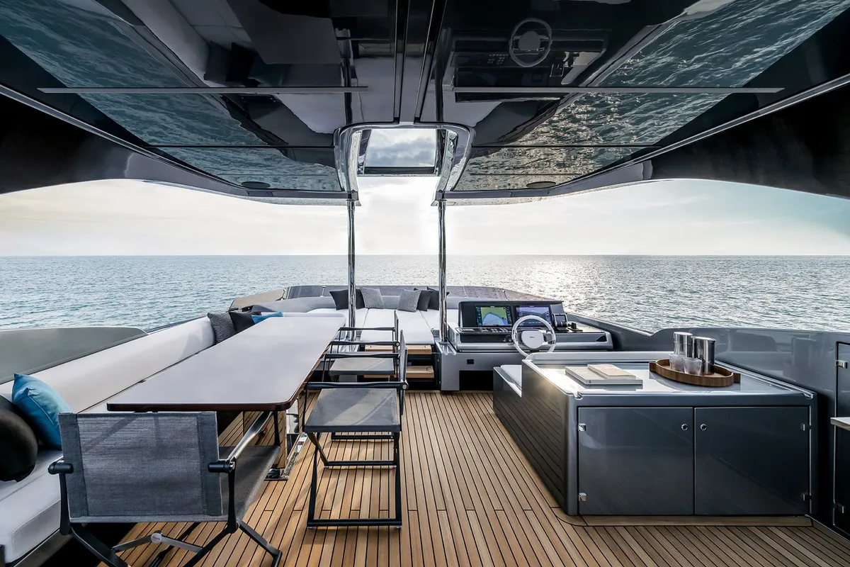 Deck of Riva 82 Diva, a motor yacht at Dubai Harbour, United Arab Emirates
