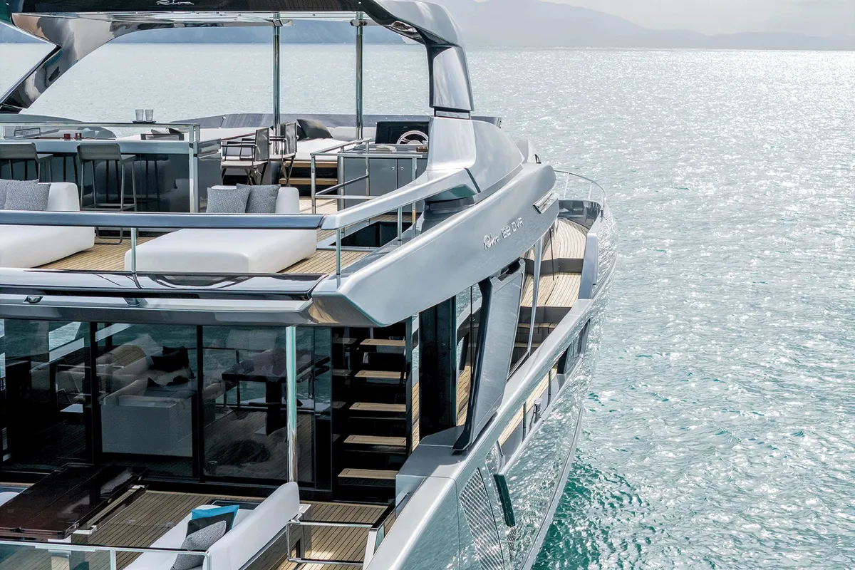 Exterior view of Riva 82 Diva, a motor yacht at Dubai Harbour, United Arab Emirates