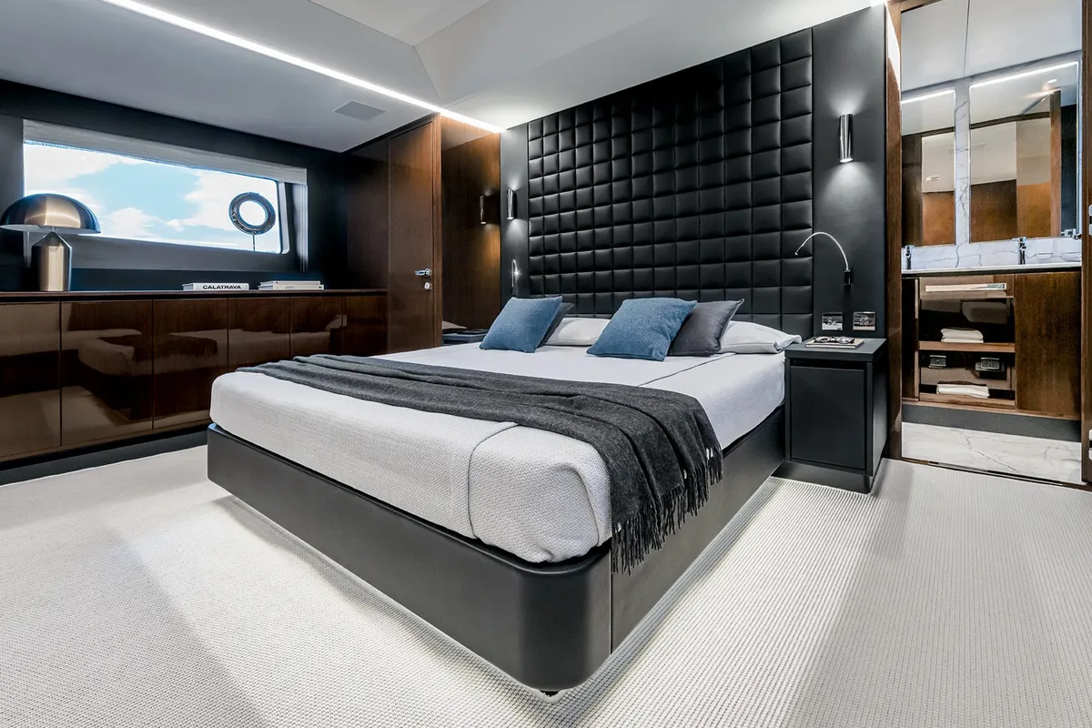 Cabin on Riva 82 Diva, a motor yacht at Dubai Harbour, United Arab Emirates