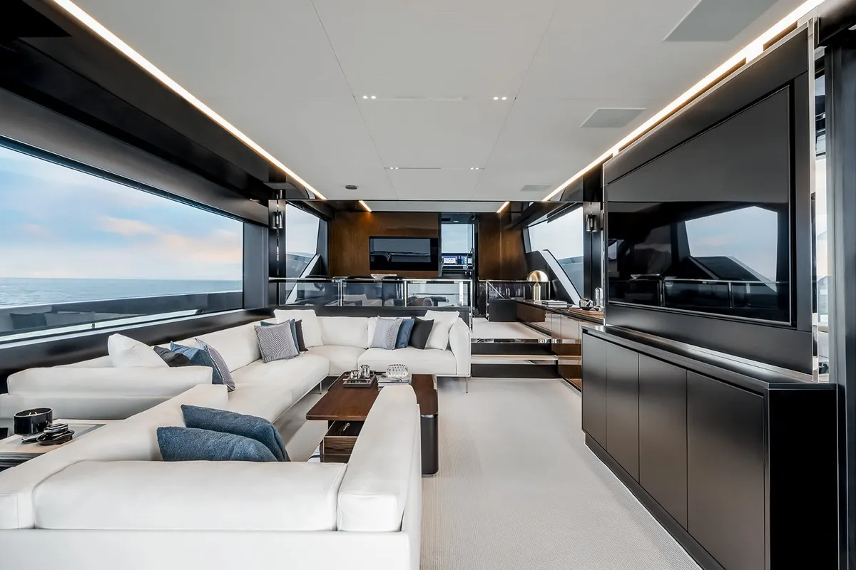 Salon of Riva 82 Diva, a motor yacht at Dubai Harbour, United Arab Emirates