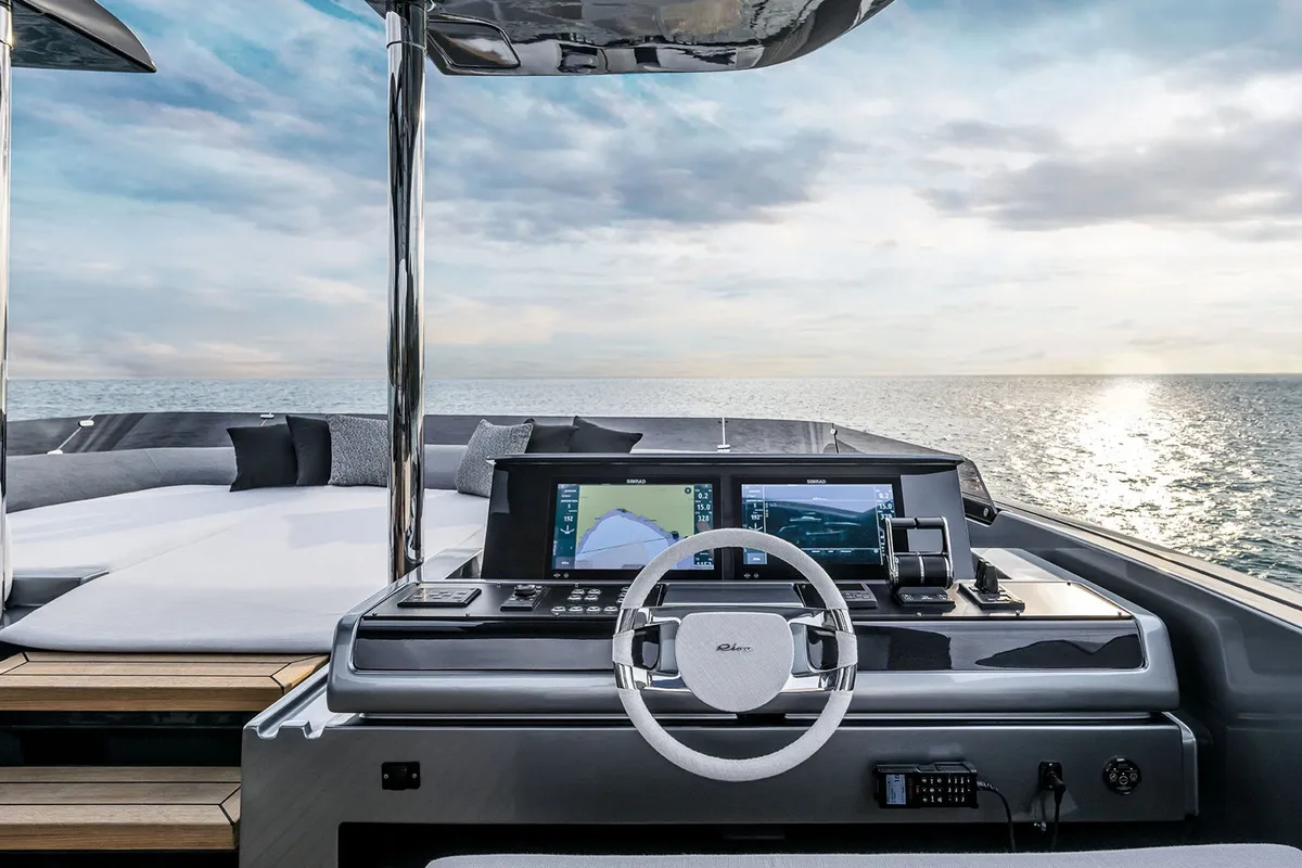 Cockpit of Riva 82 Diva, a motor yacht at Dubai Harbour, United Arab Emirates