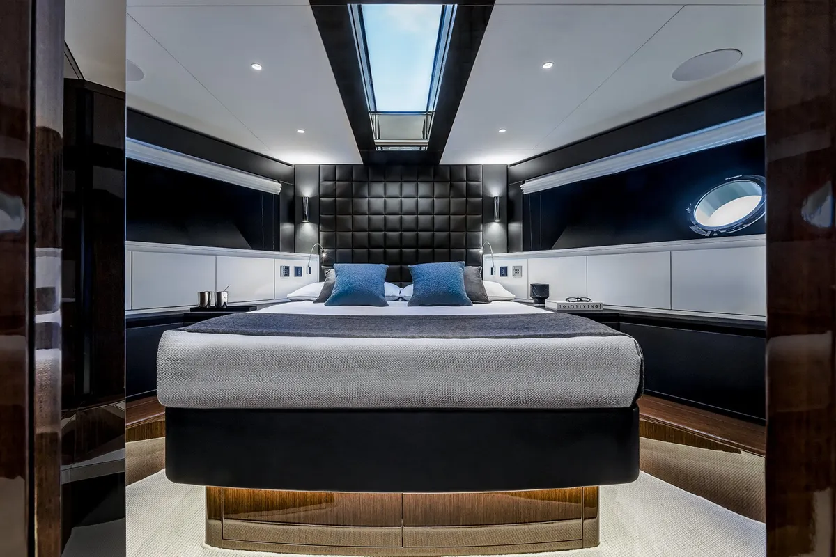 Cabin on Riva 82 Diva, a motor yacht at Dubai Harbour, United Arab Emirates