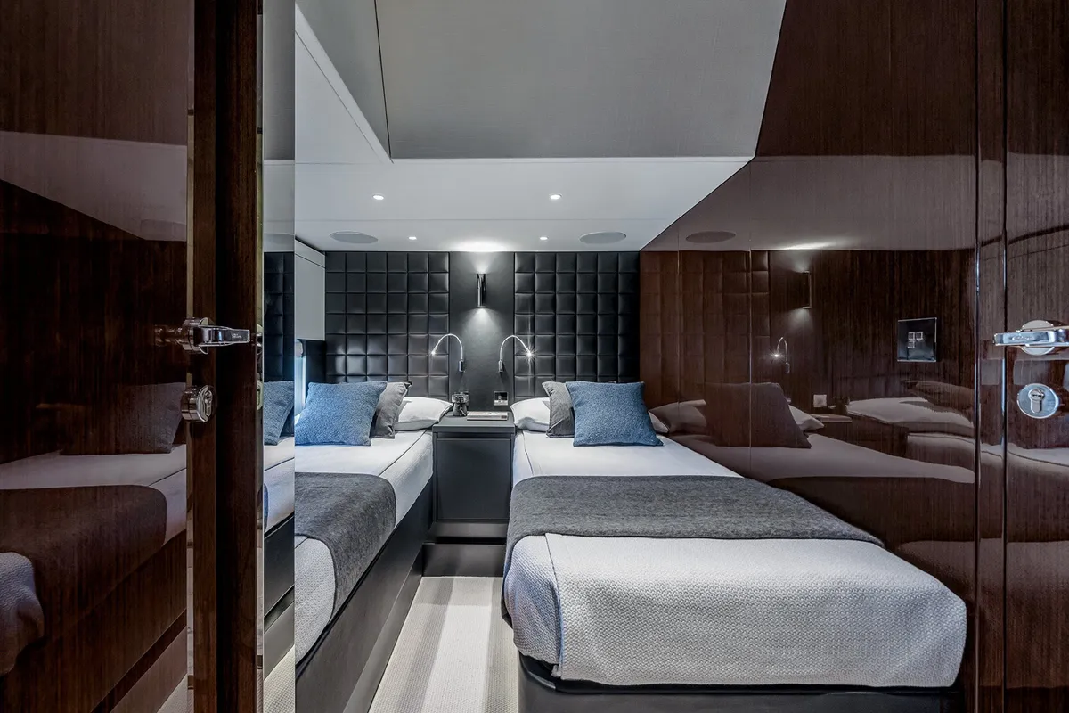 Cabin on Riva 82 Diva, a motor yacht at Dubai Harbour, United Arab Emirates