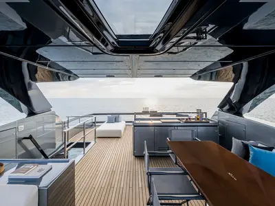 Deck of Riva 82 Diva, a motor yacht at Dubai Harbour, United Arab Emirates