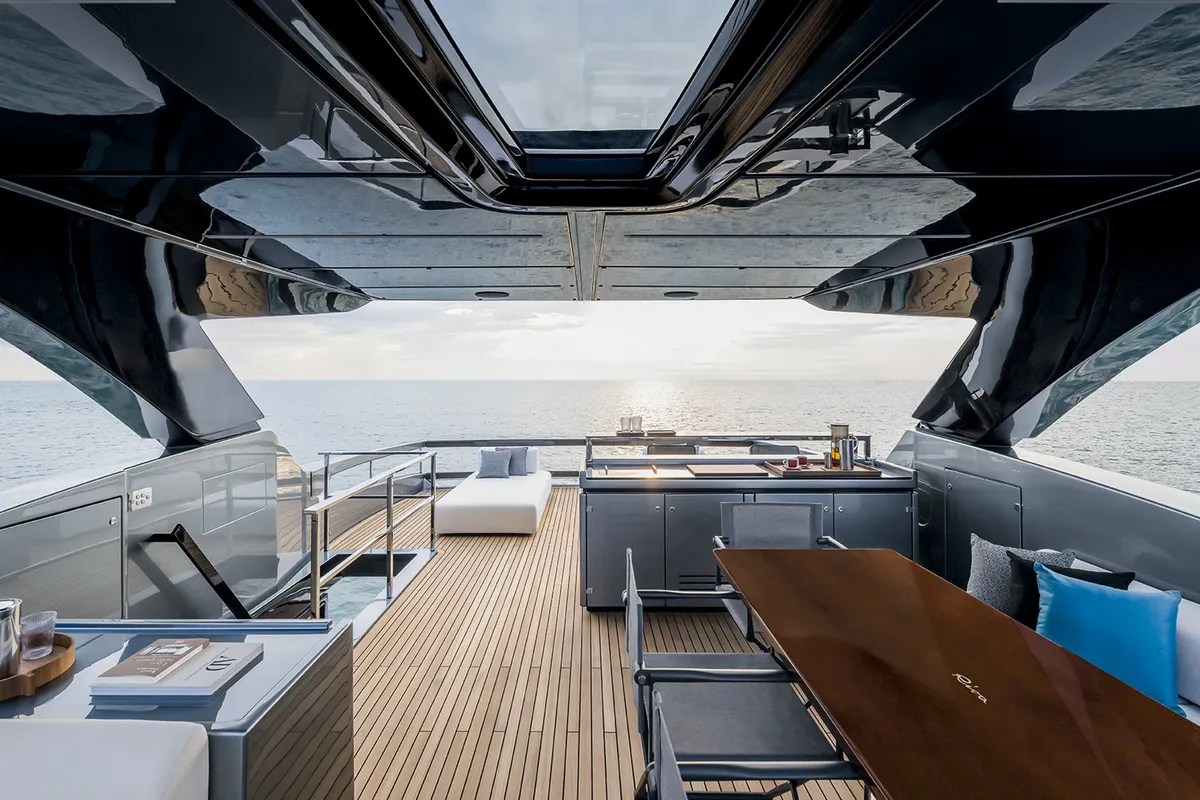 Deck of Riva 82 Diva, a motor yacht at Dubai Harbour, United Arab Emirates