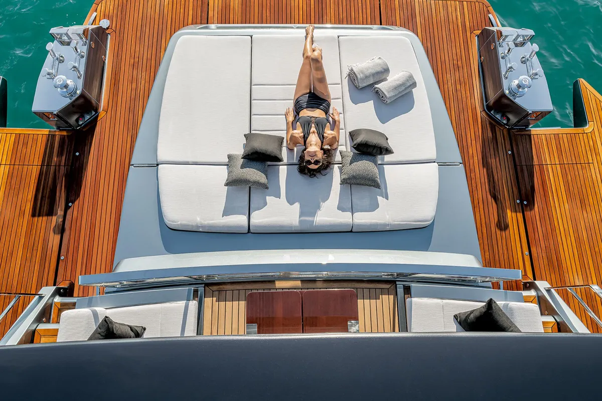 Deck of Riva 82 Diva, a motor yacht at Dubai Harbour, United Arab Emirates
