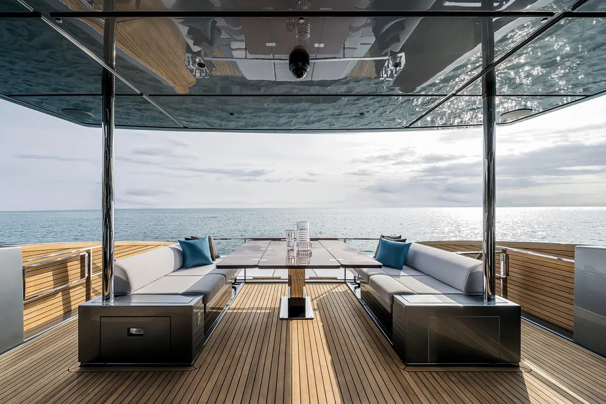 Deck of Riva 82 Diva, a motor yacht at Dubai Harbour, United Arab Emirates