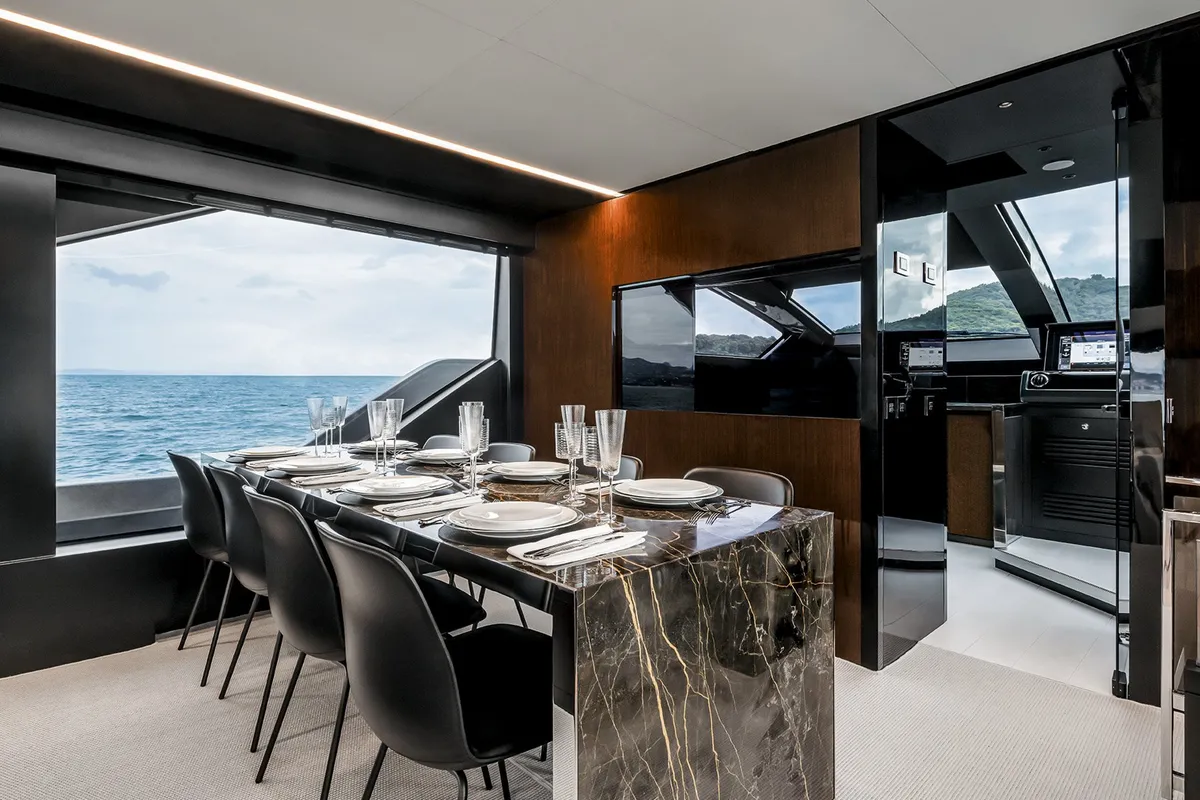Salon of Riva 82 Diva, a motor yacht at Dubai Harbour, United Arab Emirates