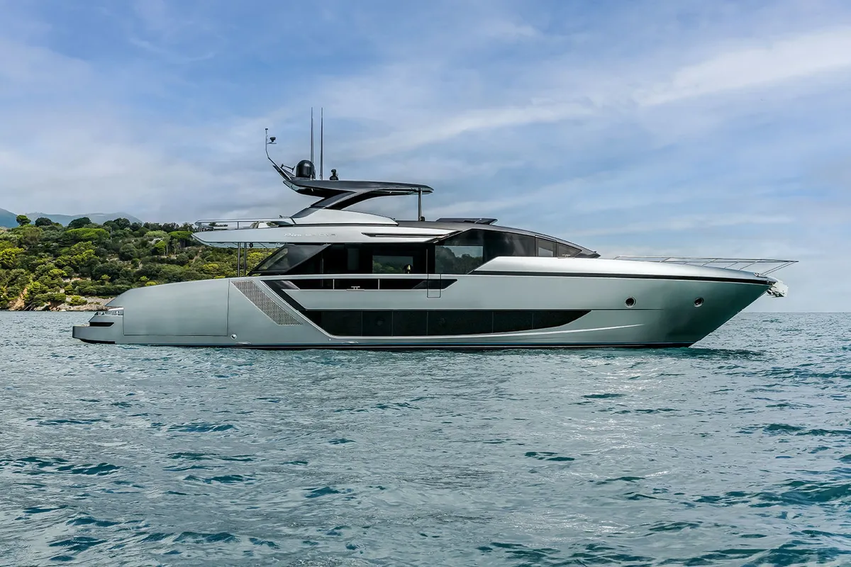 Exterior view of Riva 82 Diva, a motor yacht at Dubai Harbour, United Arab Emirates