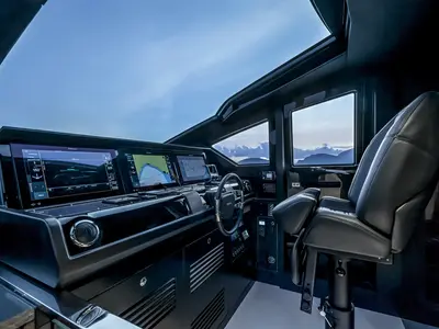 Cockpit of Riva 82 Diva, a motor yacht at Dubai Harbour, United Arab Emirates