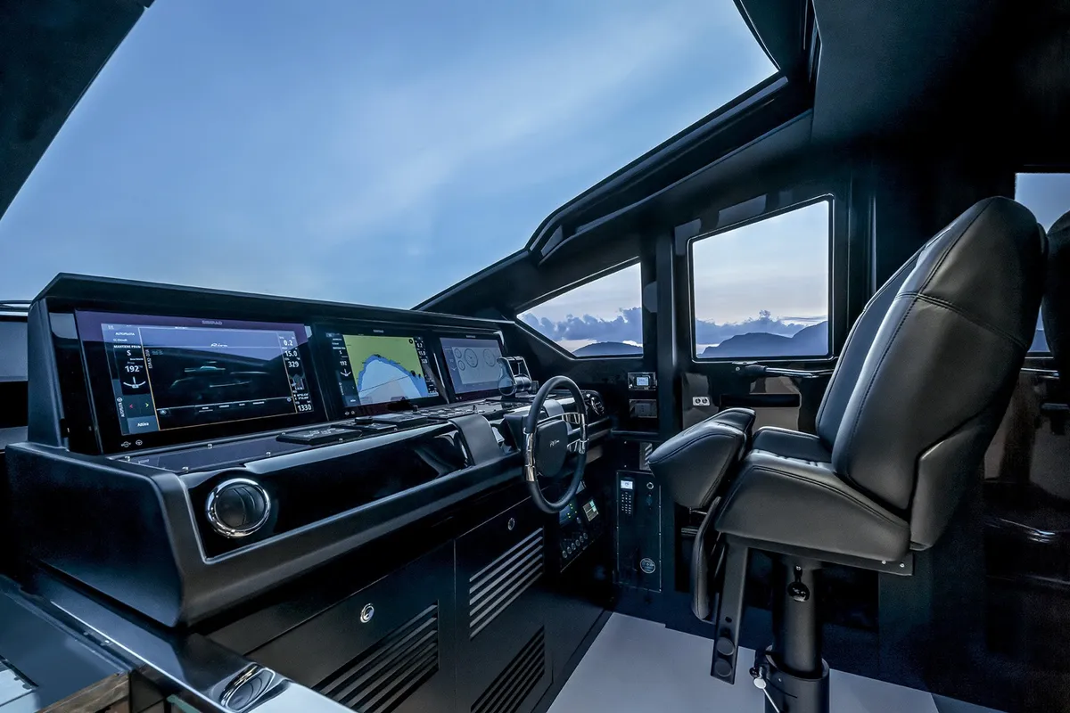Cockpit of Riva 82 Diva, a motor yacht at Dubai Harbour, United Arab Emirates